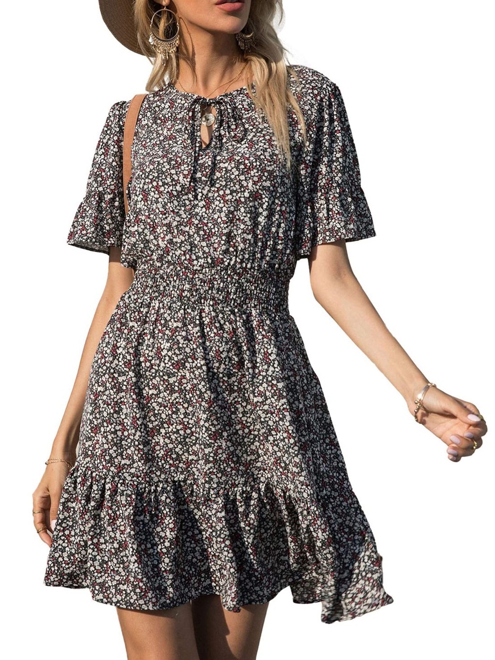 PRETTYGARDEN Boho Floral Print Tie-Neck Flutter Sleeve Smocked Ruffle Mini Dress